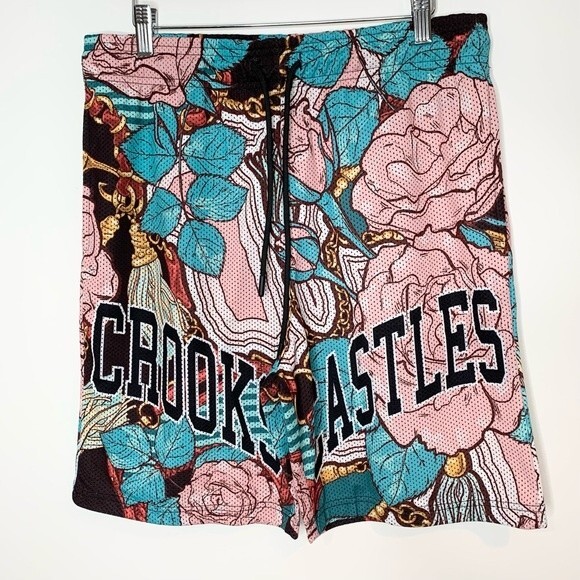 NWT Crooks & Castles Blue And Pink Floral Mesh Basketball Shorts Medium - Picture 2 of 10